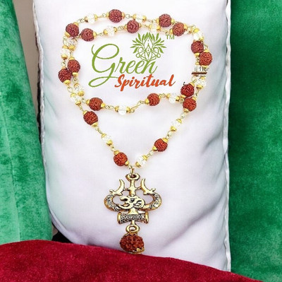 Green Spiritual Om Locket with Rudraksha Crystel Mala Sacred Symbol of Power & Protection Gold-plated Plated Wood Chain