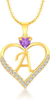 Heer Collection Heart Shape Alphabet 'A' Valentine Special Pendant Propose Wedding Anniversary Cubic Zirconia, Crystal Gold-plated Plated Brass, Copper Chain Set