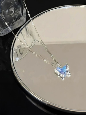 SashaJewelry Korean Blue Butterfly Necklace for Girls & Women Cubic Zirconia Silver Plated Alloy Necklace