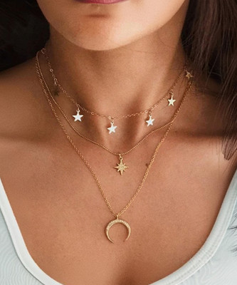 Vembley Charming Gold Plated Triple Layered Stars and Moon Pendant Necklace Gold-plated Plated Alloy Necklace Set