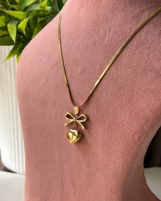 Gleve Gleve Anti Tarnish Stainless Steel Gold Bow Heart Snack Chain Necklace Crystal Gold-plated Plated Stainless Steel Necklace