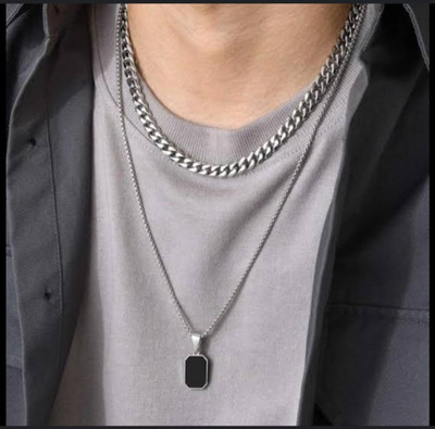 Oscar Enterprises Pine Pearls Double Layered Silver Plated Cross Necklace For MenAP-29 Silver Plated Stainless Steel Chain