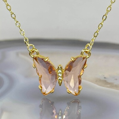 TheVineGirl Fancy Crystal Butterfly Pink Pendant Necklace For Girls And Women Gold-plated Alloy Pendant