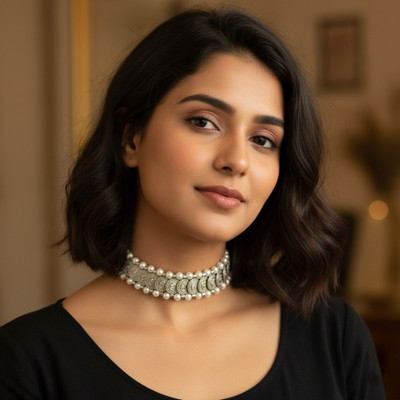 Rumee Elegant Coin Choker with Pearls On The Border | Choker Set | Pearl Silver Plated Alloy Choker