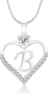 Heer Collection Heart Shape Alphabet 'B' Valentine Special Pendant Propose Wedding Anniversary Cubic Zirconia, Crystal Silver Plated Brass, Copper Chain Set