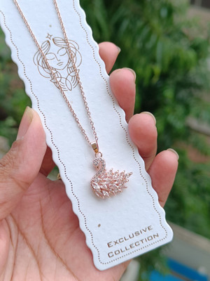 Temora Rose Gold Plated White crystal Stone Studed Swan Necklace For Girls and women Cubic Zirconia Rhodium Plated Alloy Chain Set