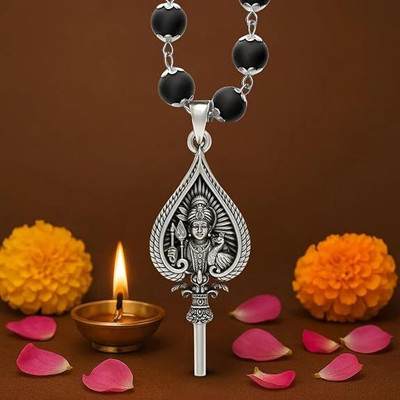 SARASWATI RUDRAS LORD MURGAN TRISHUL PENDENT WITH KARUNGALI MALA Silver Plated Wood Chain