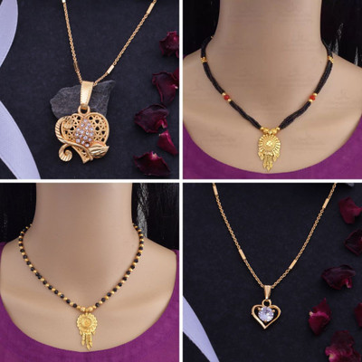 Dency Pack Of 4 Traditional & Mordern Heart Shape pendant & Chain Gold-plated Diamond Brass Pendant Set