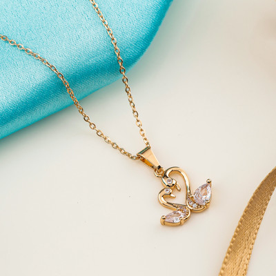 KENAYOSHA.COM Double Swan Pendant - Romantic Design, Anti Tarnish Cubic Zirconia Gold-plated Plated Stainless Steel Necklace