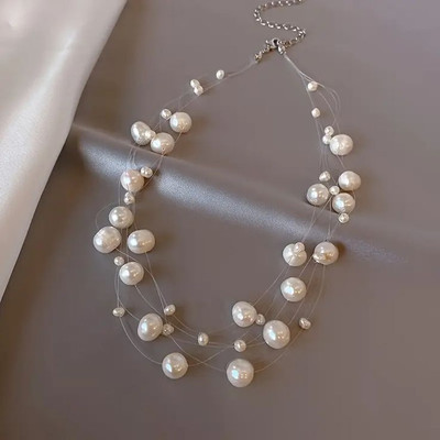 city sign Elegant Floating Pearl Necklace for Women & Girls – Transparent String Design Brass Necklace