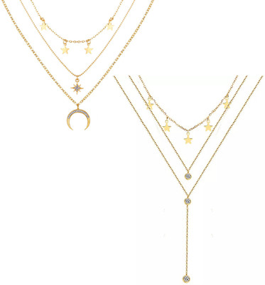 VIDALI Pack Of 2 Layered Star Heart Moon Drop Studded Pendant Cubic Zirconia Gold-plated Plated Alloy Layered