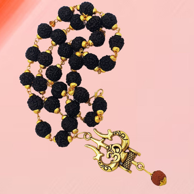 Fine Creation Lord Shiva Trishul Damru Locket with Rudraksha Mala for Men & Boys Beads Gold-plated Plated Brass, Wood Chain