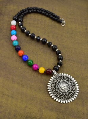 KINZA Handcrafted Oxidised Silver Plated with Multi Color Beads Necklace Beads Sterling Silver Plated Alloy Necklace