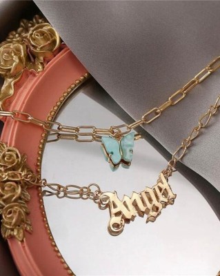 TheVineGirl Charming Double Layered Blue Butterfly and Angel Word Necklace for Women Gold-plated Plated Alloy Necklace