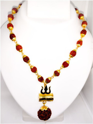 HAPPY CREATION Shiv Shakti Kavach 5 Mukhi Rudraksha Mala With Shiv Trishul Damru Gold-plated Plated Wood Necklace