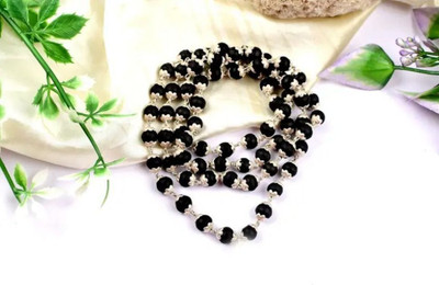 Akaraya Silver Karungali Malai 8 mm 54+1 Beads, Silver Ebony Beads Silver Plated Sterling Silver Chain