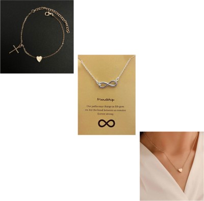 Oralia Silver Infinite Necklace & Mini Golden Heart Necklace With Bracelet Set Combo Silver Plated Alloy Choker