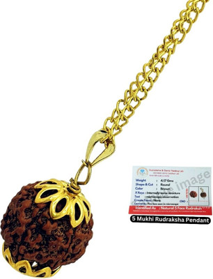 Fine Creation Purest Astrological Original Natural 5 Mukhi/Five Faced Nepali Rudraksha Pendant Beads Gold-plated Plated Brass, Wood Chain