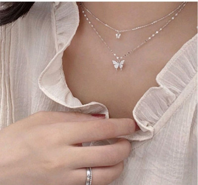 JRISSY Silver Butterfl y Necklaces Pendants Adorable Cubic Zirconia Cubic Zirconia Silver Plated Stainless Steel Layered