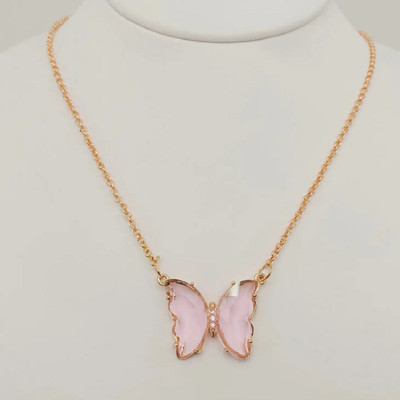 Daliva Single Layered Crystal Butterfly Pink Pendant Necklace For Girls And Women Gold-plated Plated Alloy Necklace
