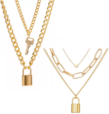 Vembley Pack of 2 Layered Heart Key Lock Pendant Gold-plated Plated Alloy Layered