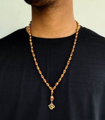 Minprice Natural Rudraksha Bead Mala in High Gold Plated Cap with Om Rudraksha Pendant Gold-plated Wood, Brass Pendant