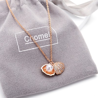 Royatto New Arrivals Trendy Zircon Shell Sterling Pearl Charms Necklace gift for girl2 Pearl Brass Plated Copper Necklace