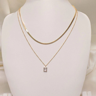 Lady Raiment Double Layer Chain with Silver Square Crystal Locket Crystal Gold-plated Plated Stainless Steel Necklace