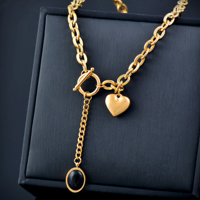 Joyful collection by saisha Elegant Gold Heart Pendant Necklace with Black Stone Drop Stainless Steel Necklace
