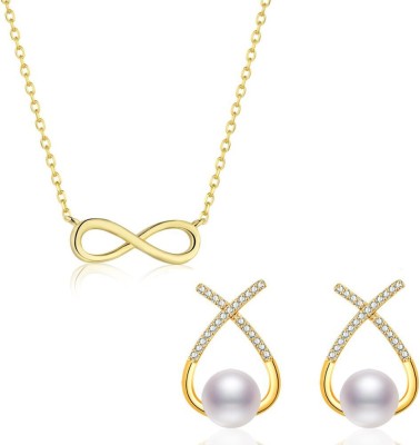 zayraa Combo of 2 Exclusive Charming Infinite Pendant & Korean Cross Pearl Stud Earring Crystal Alloy Necklace Set