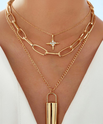 Vembley Lovely Gold Plated Triple Layered Star and Lock Pendant Necklace Gold-plated Plated Alloy Necklace