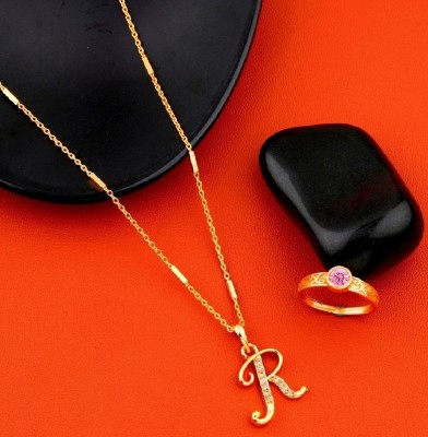 Jewel WORLD R name letter Gold Plated Daily wear Necklace pendant chain with ring for girls Pearl Gold-plated Plated Alloy Chain