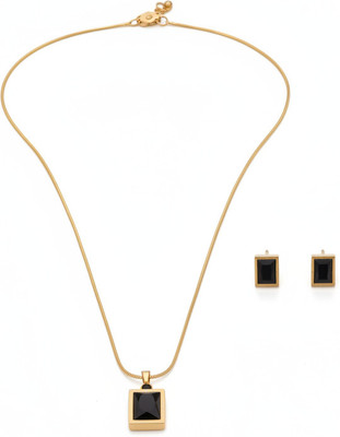 K B JEWELS Gold-Plated Black Stone Pendant Necklace with Matching Earrings for Women Gold-plated Plated Brass Necklace Set
