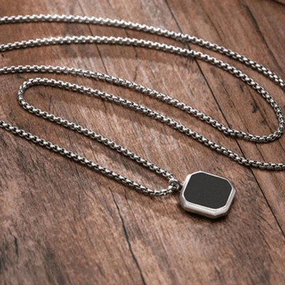 hhhhb Black stone hexagon Beads Silver Plated Stainless Steel Necklace Set