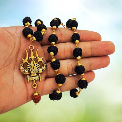 Fine Creation God Lord Shiva Mahadev Mahakaal 5 Mukhi Rudraksha 5 Mukhi Rudraksha Mala Beads Gold-plated Plated Brass, Wood Necklace