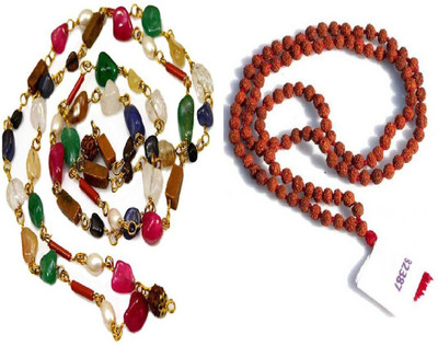 Green Spiritual Religious Jewellery Cap Rudraksha Mala 5 Mukhi Rurdarks 8mm (36 Beds) Brass Necklace Set