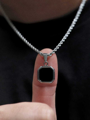 oyssta unique Geometric Black Square Natural Stone Pendant Locket With silver Box Chain Silver Plated Stainless Steel Chain Set