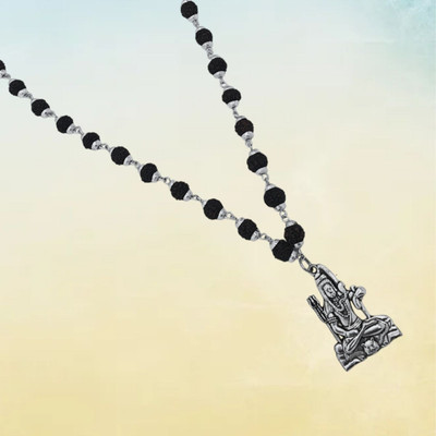 A1 yashvriddhi Most Beautiful Bhagwan Shiv Dotted Locket Pendant With 5 Mukhi Rudraksha Mala Beads Silver Plated Brass, Wood Chain