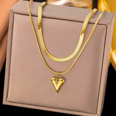 mekaco Dual Layer Heart Pendant For Women Gold-plated Plated Metal Layered
