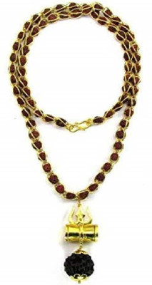 Green Spiritual Shiv Shakti Kavach 5 Mukhi Rudraksha Mala With Shiv Trishul & Damru Gold-plated Plated Copper Chain