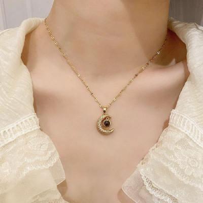 TVI I Love You In 100 Languages Crescent Pendant Cubic Zirconia Gold-plated Plated Alloy Necklace