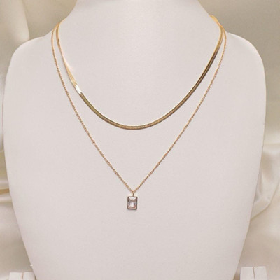 Lady Raiment Double Layer Chain with Silver Square Crystal Locket Chain Pendent Anti-Tarnish Crystal Gold-plated Plated Stainless Steel Necklace