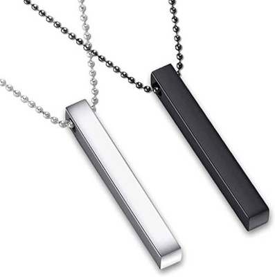 VIANSH Combo of Black & Silver Color (2Pcs) Vertical Bar Pendant Silver Plated Stainless Steel Chain Set