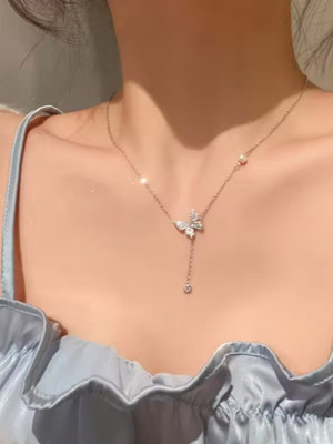 Harsu Collection Cubic Zirconia Butterfly Pendant Necklace Cubic Zirconia Silver Plated Alloy Chain