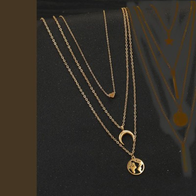 Vembley Gorgeous Gold Plated Triple Layered Heart Moon and Earth Pendant Necklace Gold-plated Plated Alloy Necklace