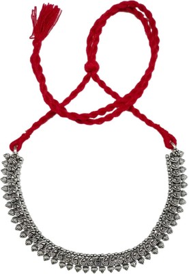 athizay athizay tribal necklace in oxidized silver with Red Thread for women Black Silver Plated Metal Necklace