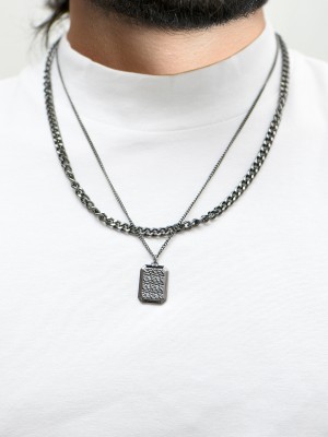 The Bro Code Men's Stylish Black Layer Necklace - Nickel Free Black Silver Plated Alloy Layered