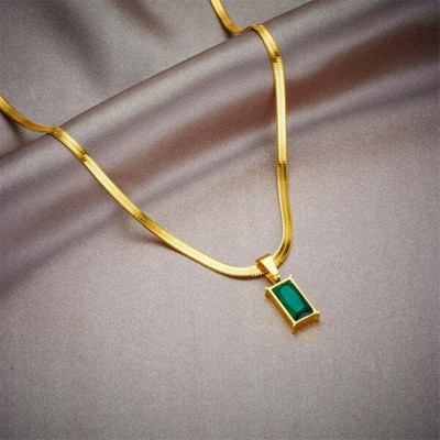 Gleve Winnifred Anti Tarnish Stainlees Steel Green Diamond Pendent Necklace Crystal Gold-plated Plated Stainless Steel Necklace Set
