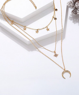 Nehdal Three Layered Moon Studded Star Necklace For Girls And Women Gold-plated Plated Alloy Necklace