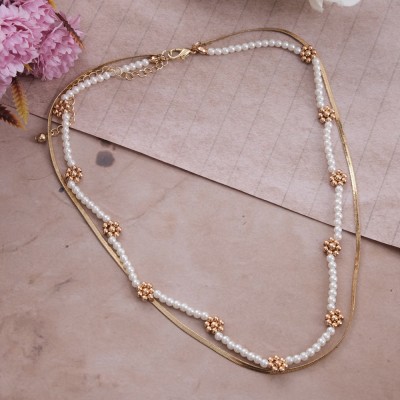 TASHKURST Gold-Plated Chain White Pearl Beaded Layered Necklace For Women/Girl's Pearl Gold-plated Plated Alloy Layered